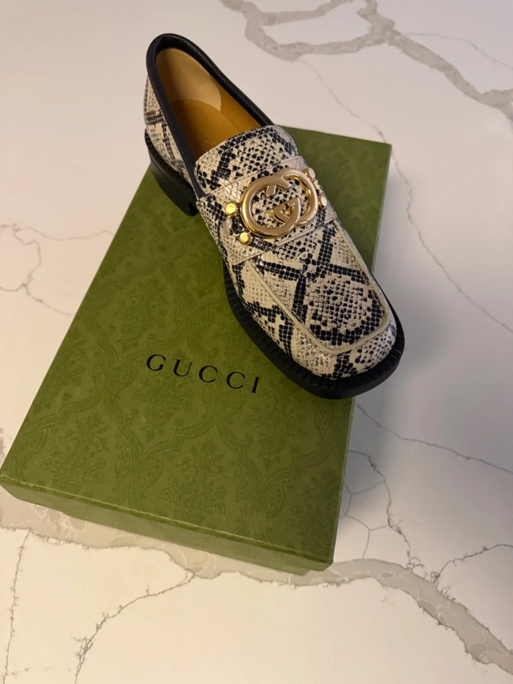Gucci Black & White Snake-Print Marmont Loafers with Gold GG Authentic!!